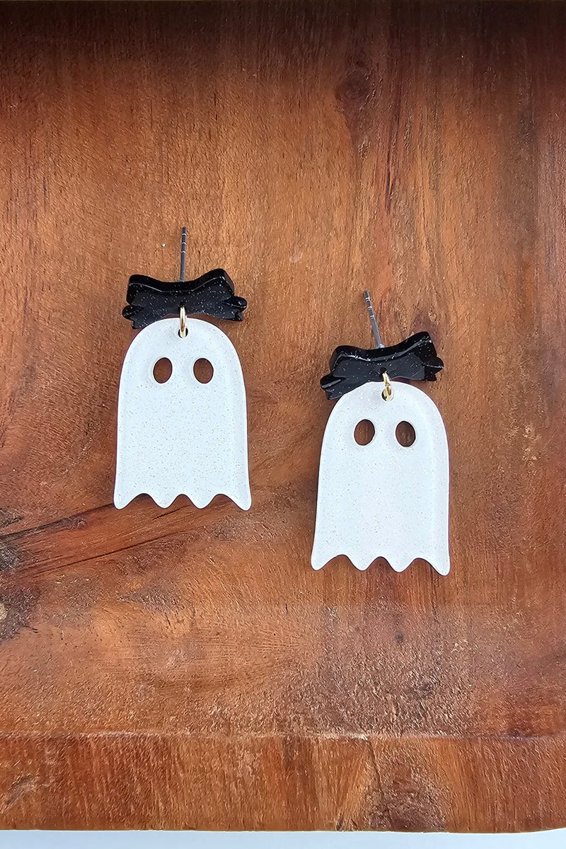 BOW GHOST HALLOWEEN EARRINGS WHITE GLITTER