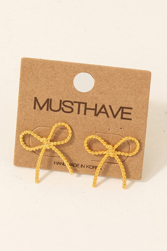 GOLD TEXTURED RIBBON BOW STUD EARRINGS