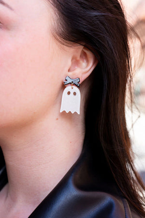 BOW GHOST HALLOWEEN EARRINGS WHITE GLITTER