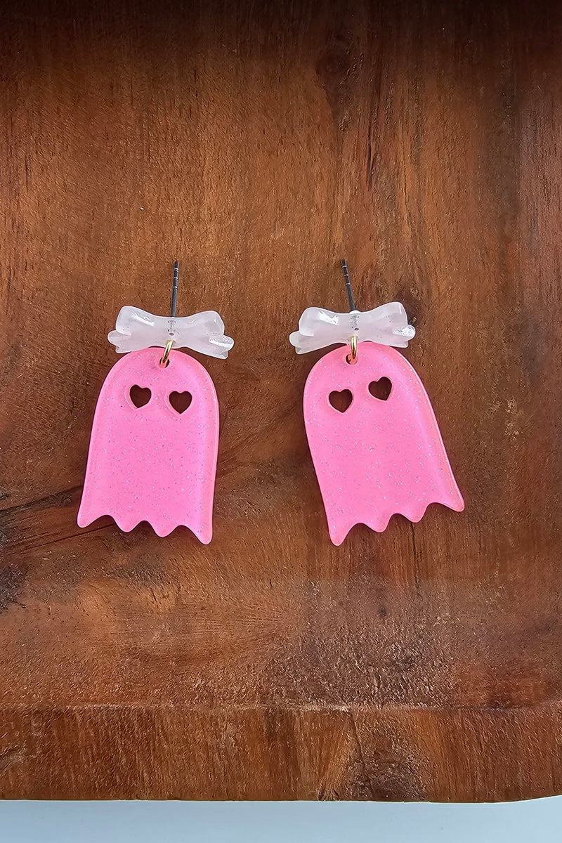 BOW GHOST HALLOWEEN EARRINGS PINK GLITTER