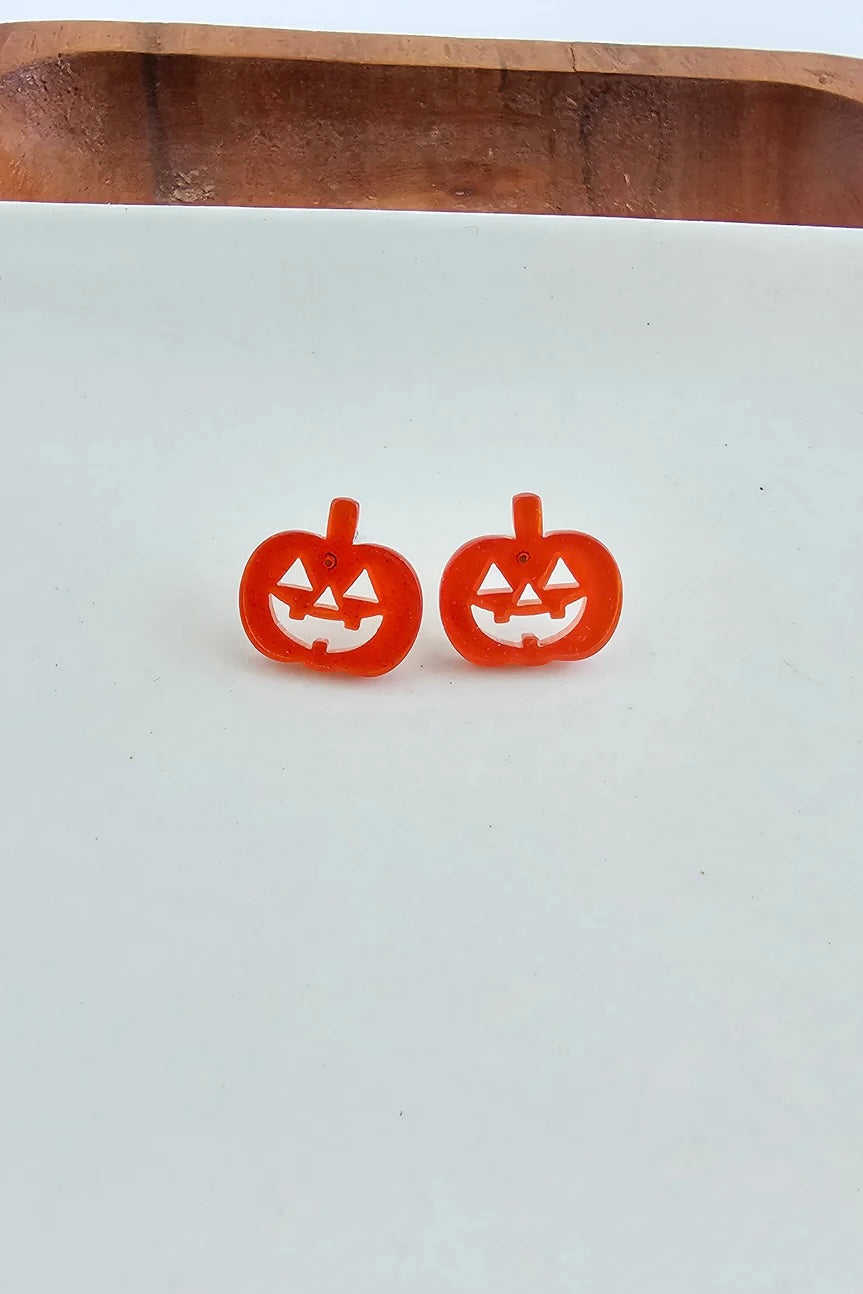 JACK O' LANTERN STUDS HALLOWEEN EARRINGS ORANGE GLITTER